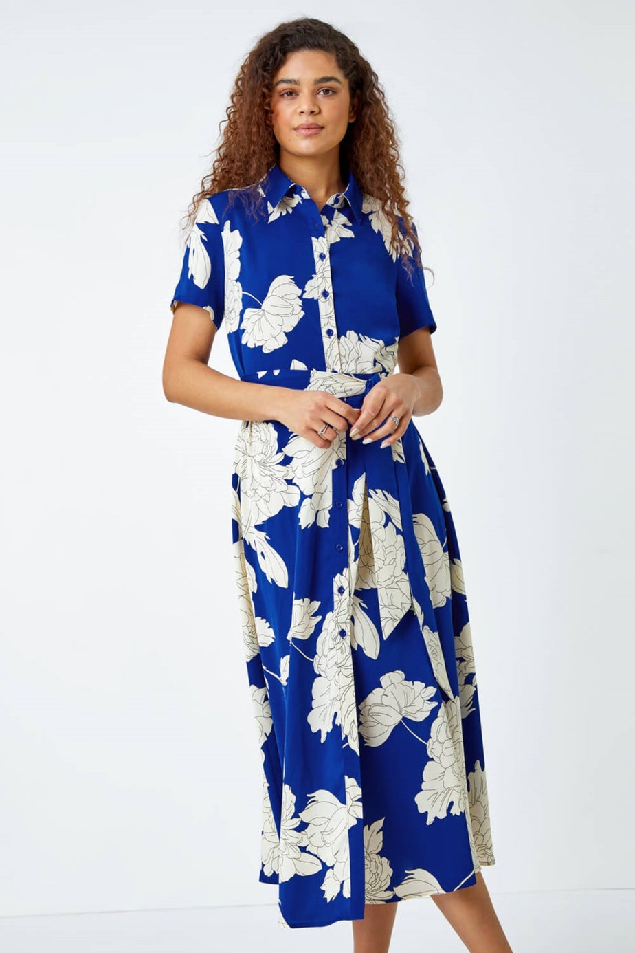 Roman Royal Blue Contrast Floral Print Shirt Dress