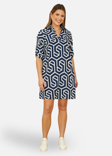Yumi  Navy Geo Print Tunic With Pockets