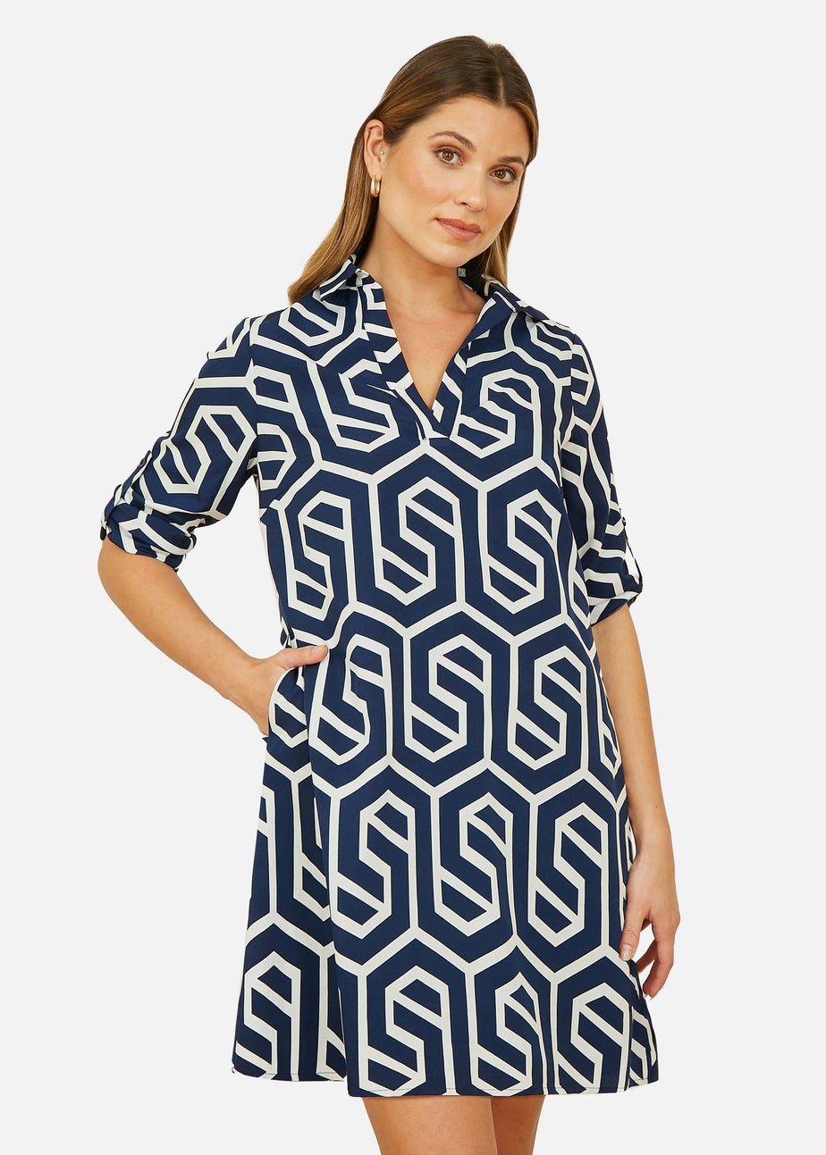 Yumi  Navy Geo Print Tunic With Pockets