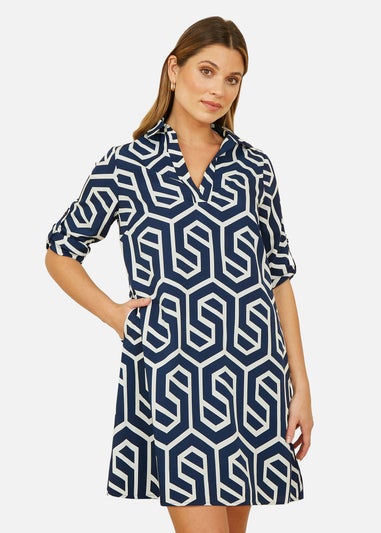 Yumi  Navy Geo Print Tunic With Pockets