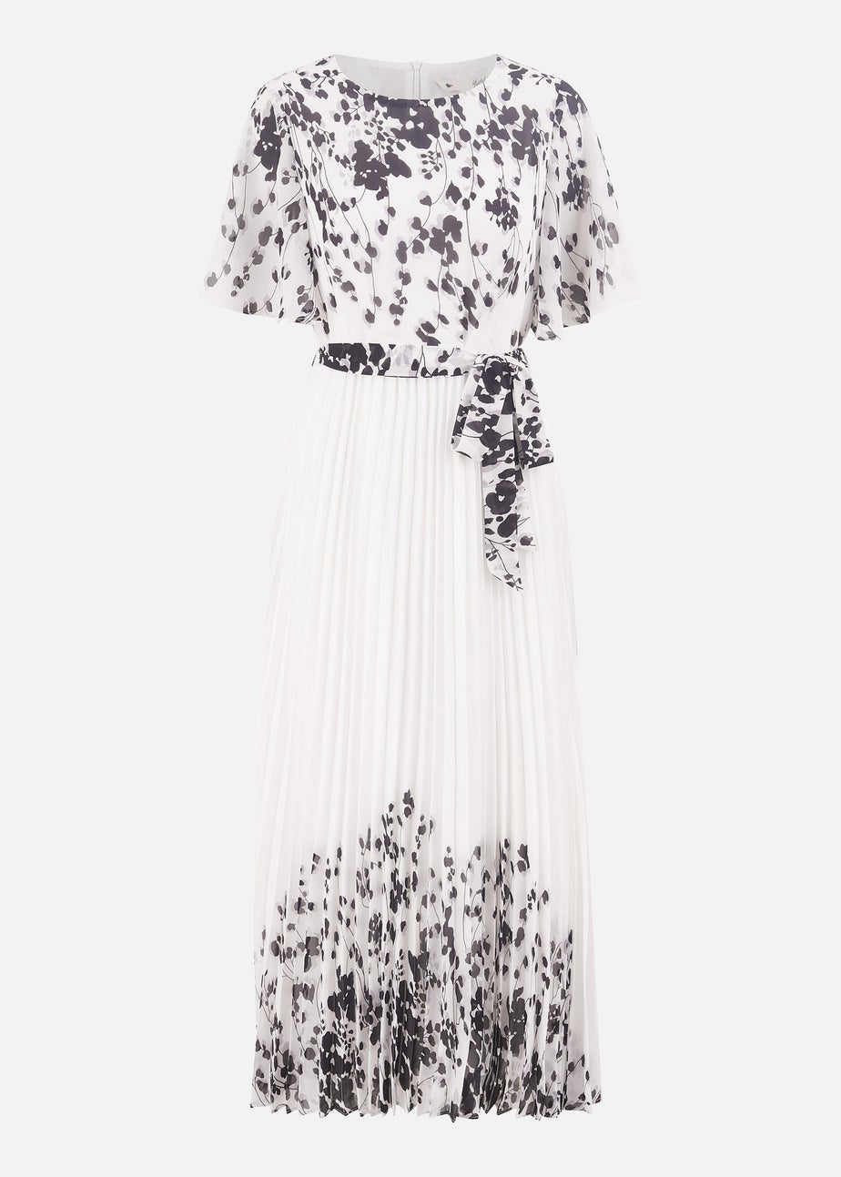 Yumi White Mirror Floral Design Pleated Midi Dress