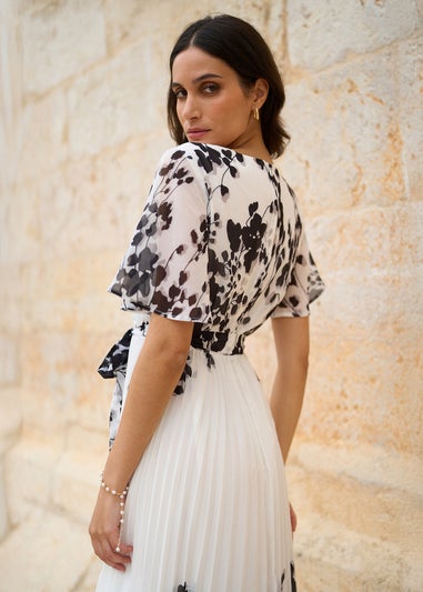 Yumi White Mirror Floral Design Pleated Midi Dress