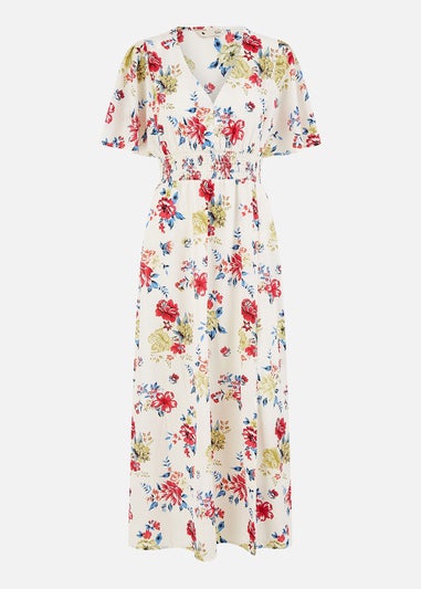 Yumi White Floral Recycled Fabric Ruched Waist Midi Dress