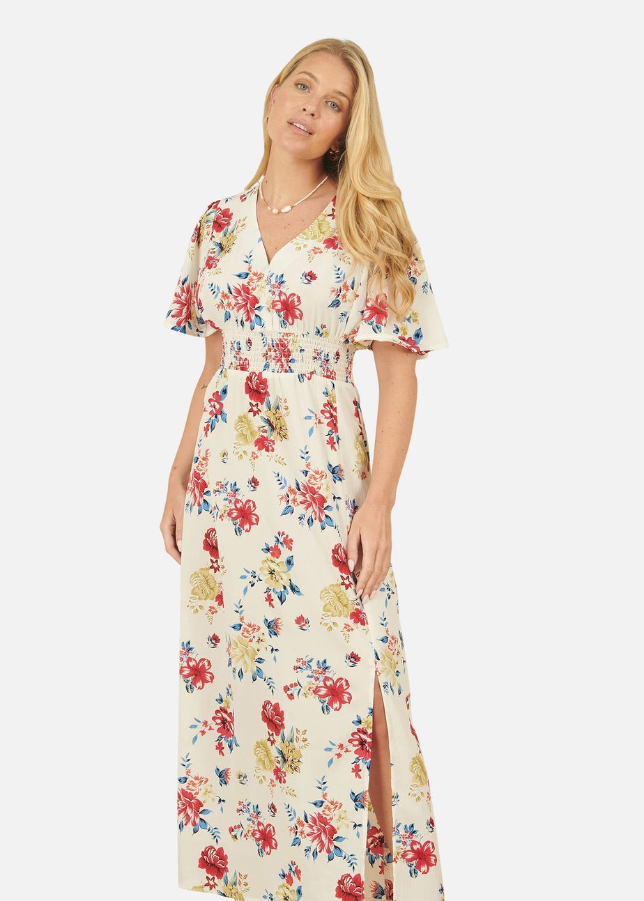 Yumi White Floral Recycled Fabric Ruched Waist Midi Dress
