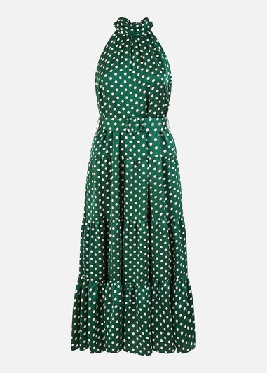 Yumi Green Spot Print Halter Midi Dress With Matching Belt