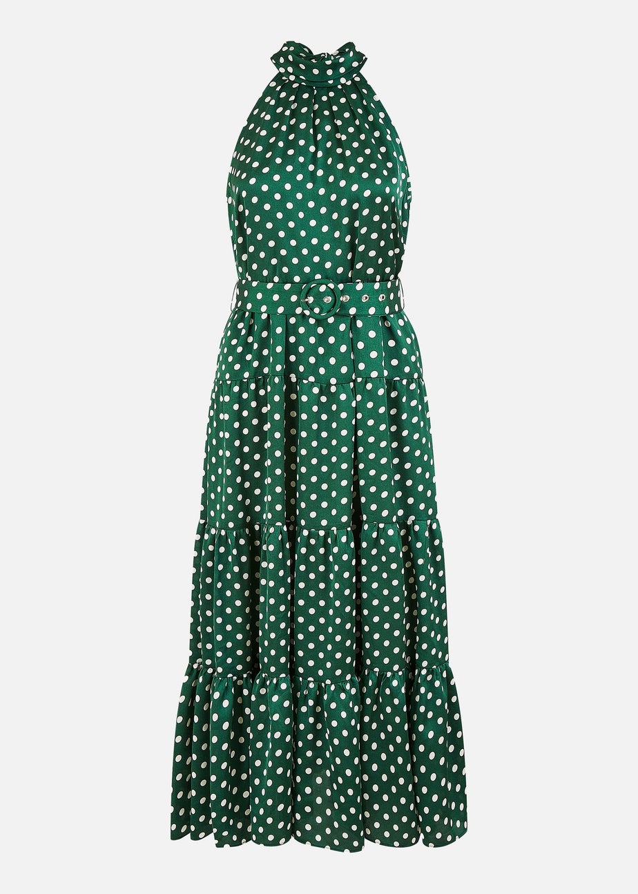 Yumi Green Spot Print Halter Midi Dress With Matching Belt