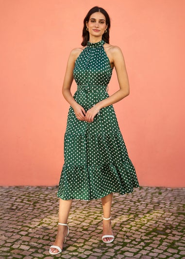 Yumi Green Spot Print Halter Midi Dress With Matching Belt