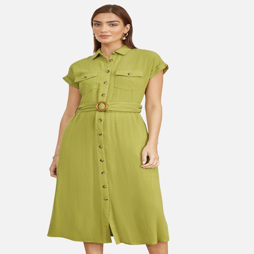 Yumi Green Viscose Linen Look Midi Shirt Dress With Wooden Belt