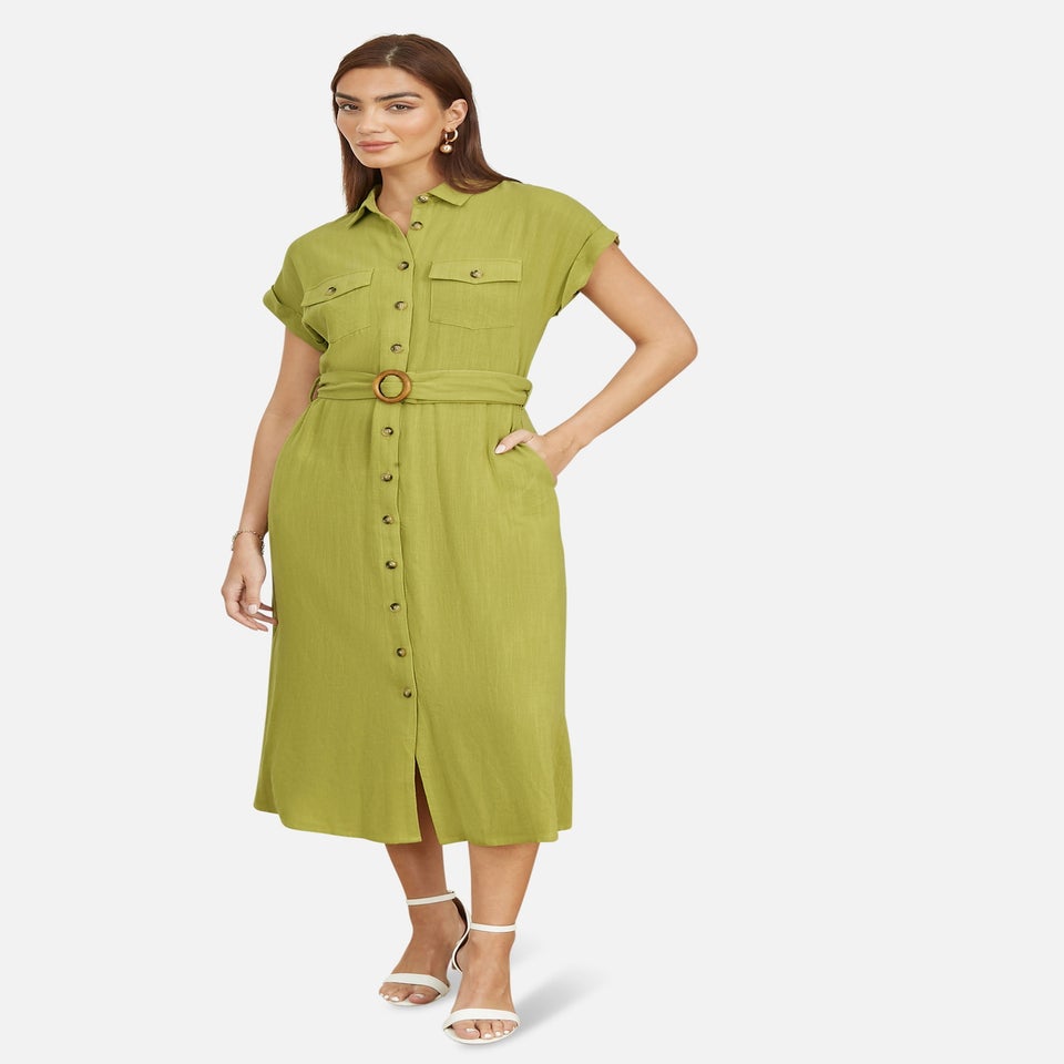 Yumi Green Viscose Linen Look Midi Shirt Dress With Wooden Belt