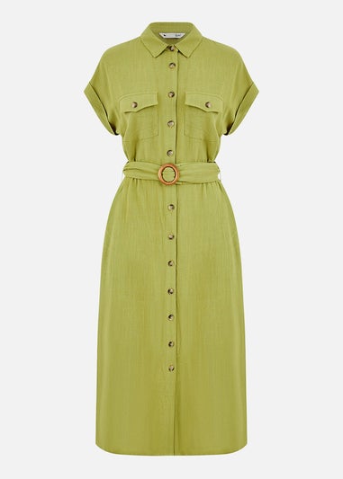 Yumi Green Viscose Linen Look Midi Shirt Dress With Wooden Belt