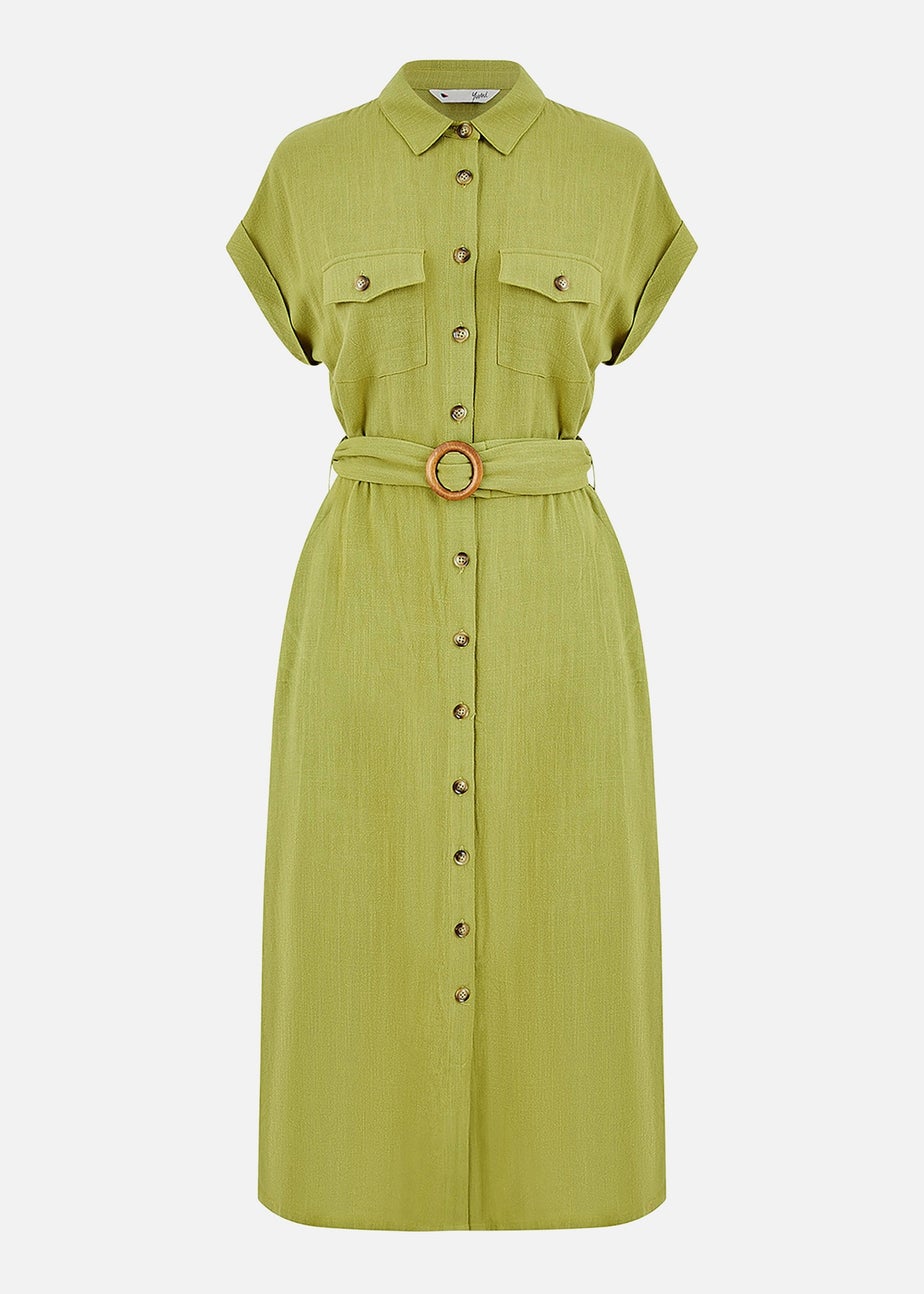 Yumi Green Viscose Linen Look Midi Shirt Dress With Wooden Belt