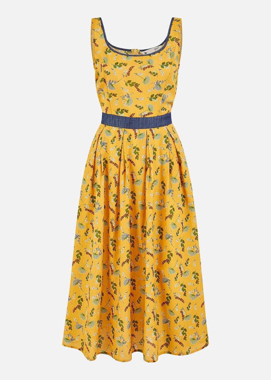 Yumi Mustard Floral Skater Dress With Denim Trims