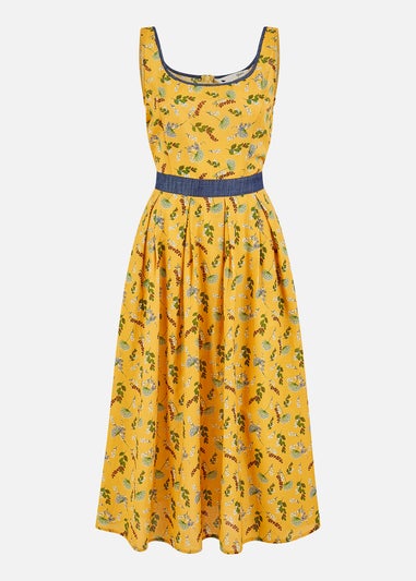 Yumi Mustard Floral Skater Dress With Denim Trims
