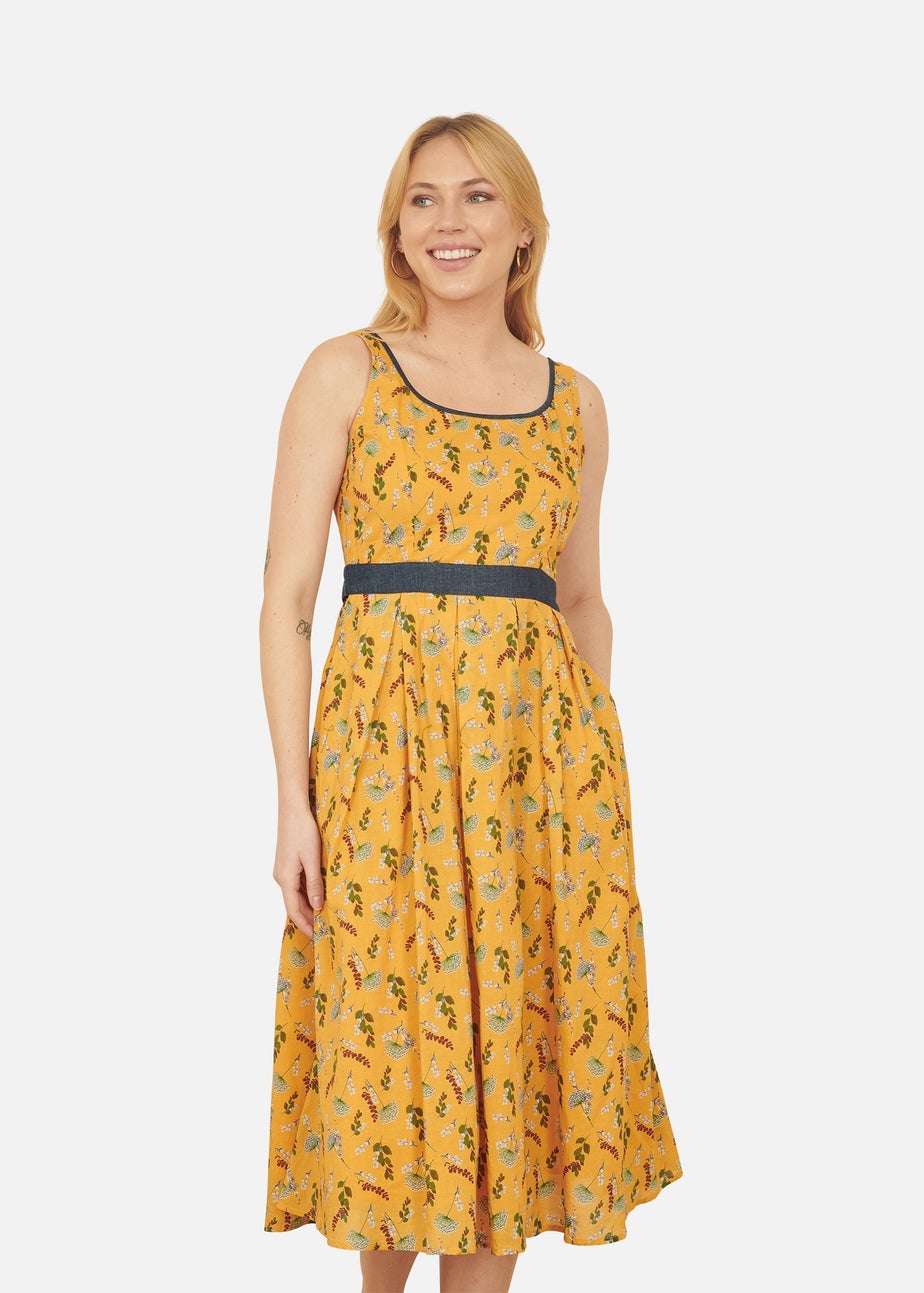 Yumi Mustard Floral Skater Dress With Denim Trims