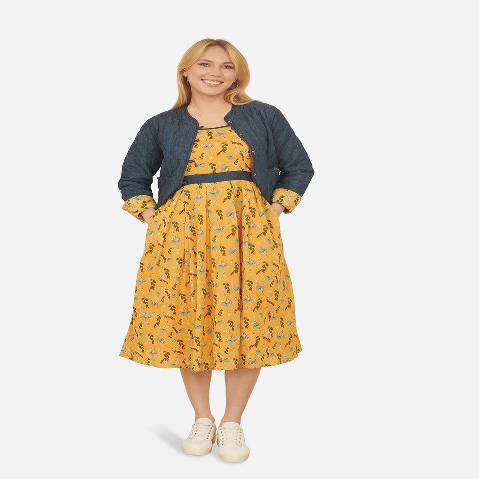 Yumi Mustard Floral Skater Dress With Denim Trims