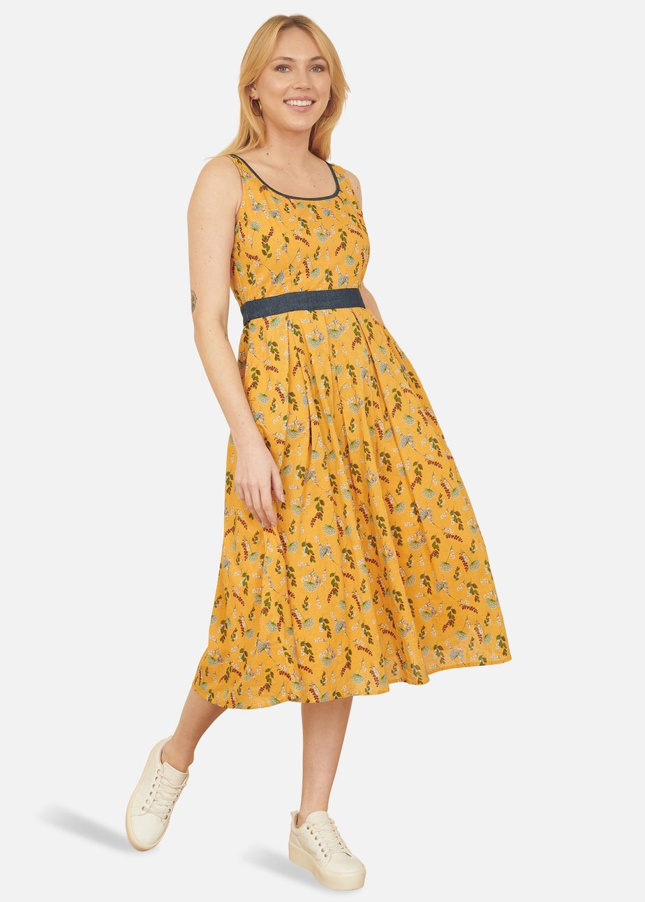 Yumi Mustard Floral Skater Dress With Denim Trims