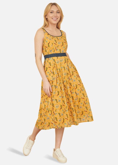 Yumi Mustard Floral Skater Dress With Denim Trims