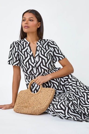 Roman Black Geometric Print Tiered Midi Dress