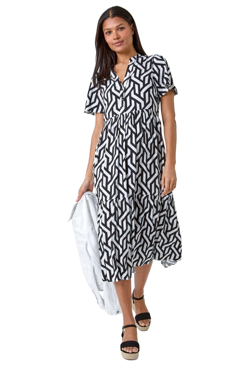 Roman Black Geometric Print Tiered Midi Dress