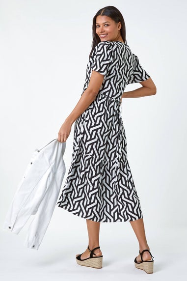 Roman Black Geometric Print Tiered Midi Dress