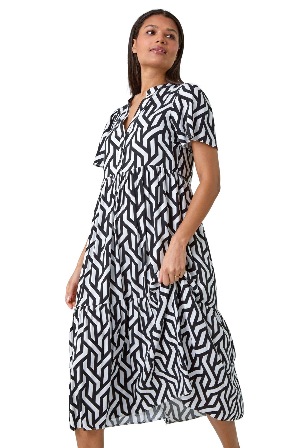 Roman Black Geometric Print Tiered Midi Dress