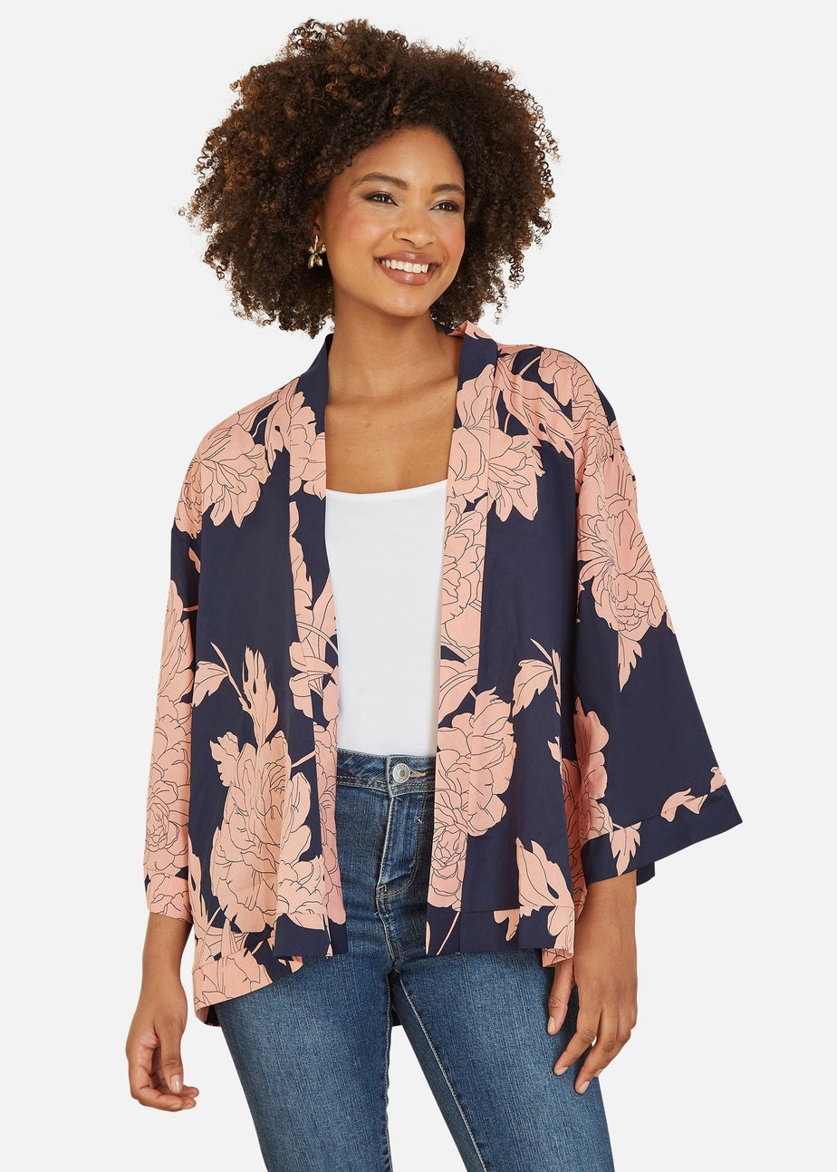 Yumi Navy Blossom Print Kimono