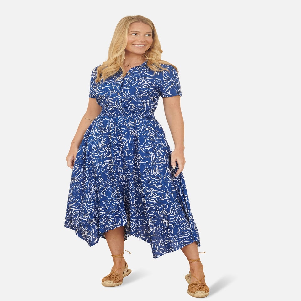 Yumi Blue Leaf Print Dip Hem Midi Shirt Dress