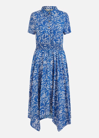 Yumi Blue Leaf Print Dip Hem Midi Shirt Dress