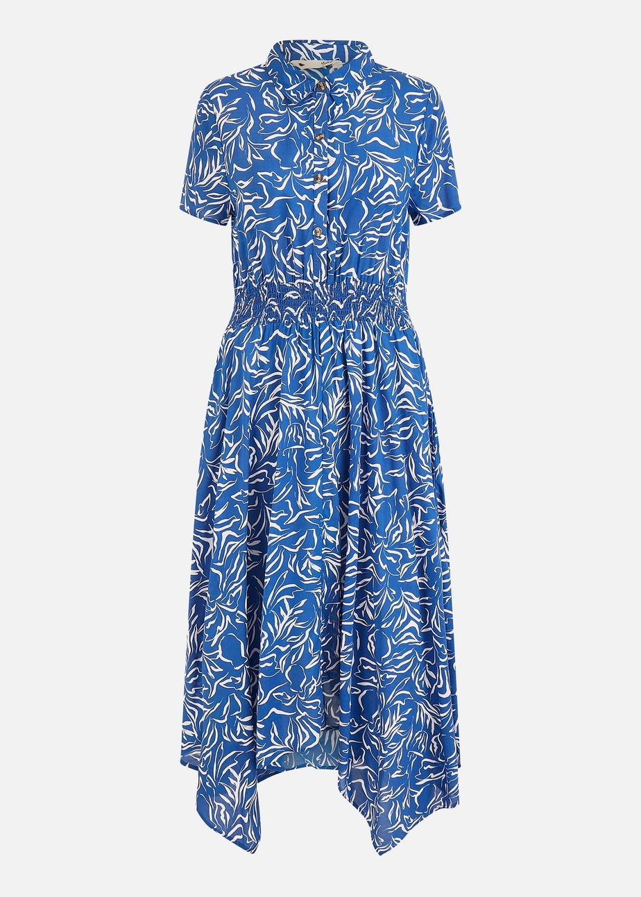 Yumi Blue Leaf Print Dip Hem Midi Shirt Dress