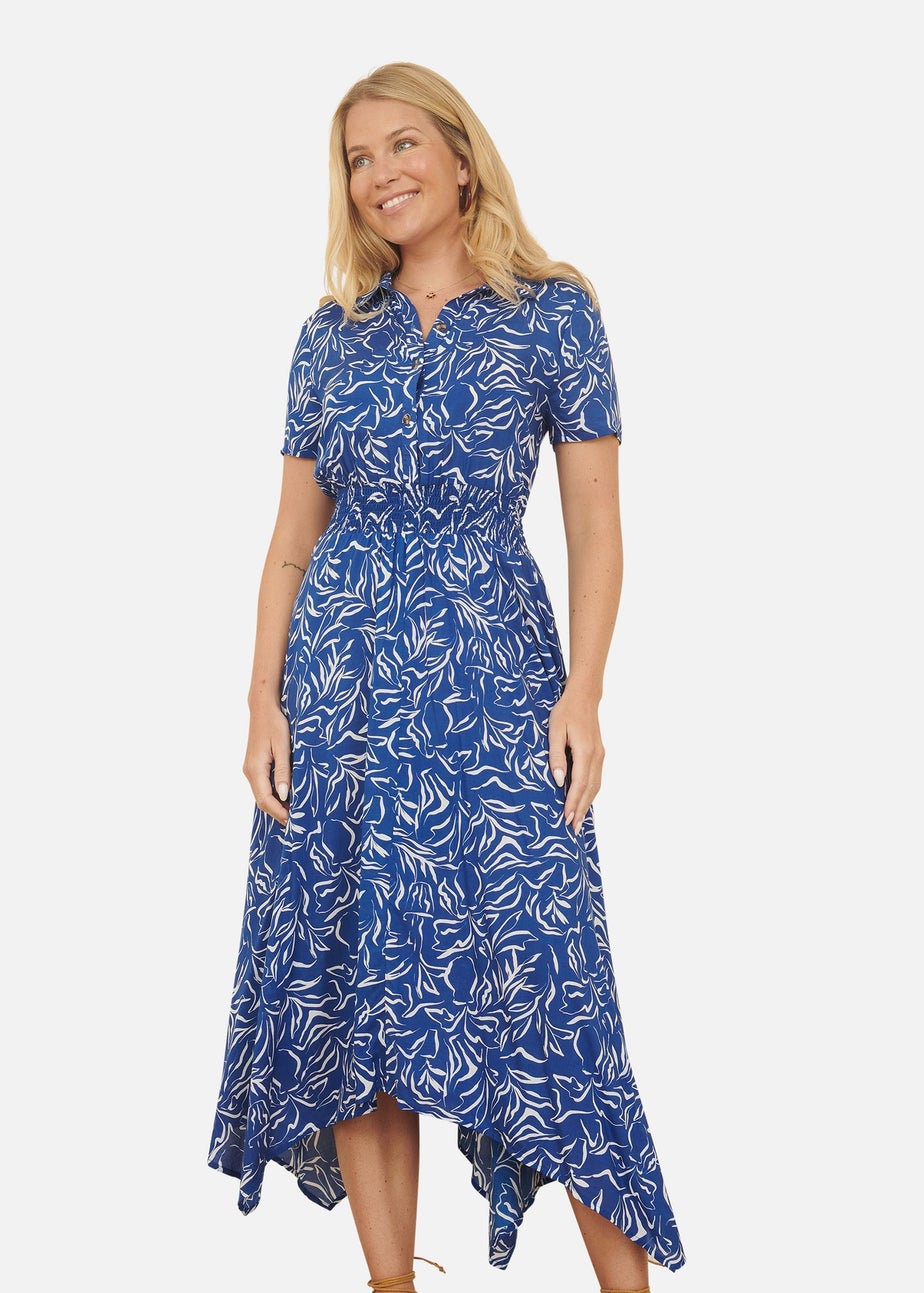 Yumi Blue Leaf Print Dip Hem Midi Shirt Dress