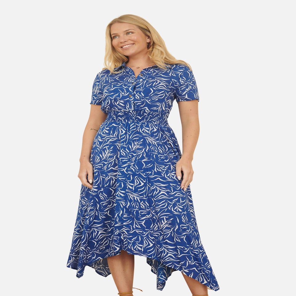 Yumi Blue Leaf Print Dip Hem Midi Shirt Dress