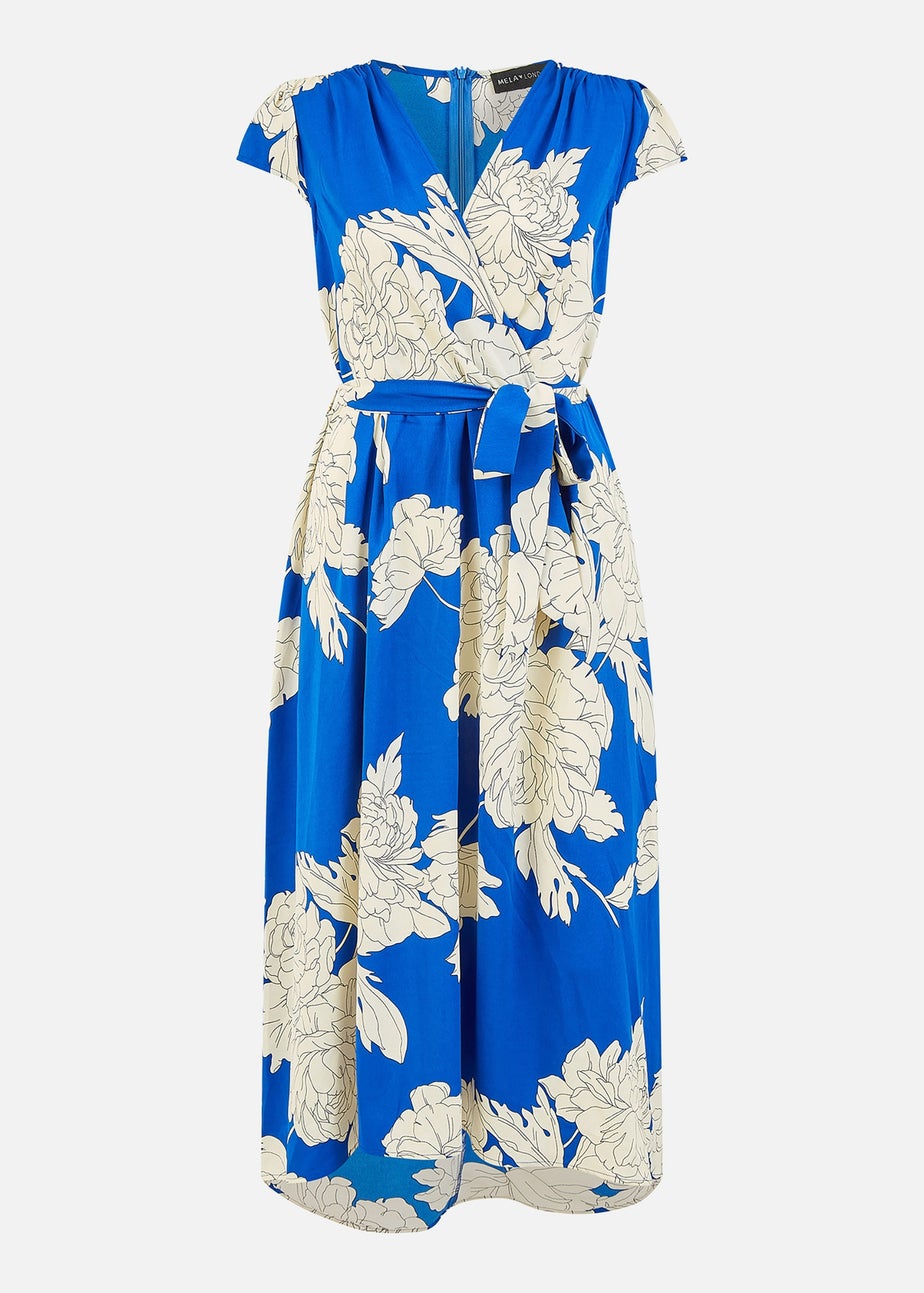 Yumi Blue Blossom Print Wrap Midi With Dipped Hem