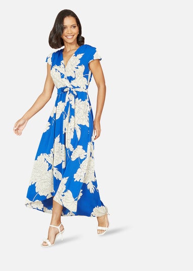 Yumi Blue Blossom Print Wrap Midi With Dipped Hem