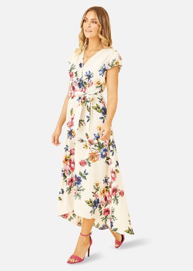 Yumi Ivory Floral Wrap Dip Hem Dress