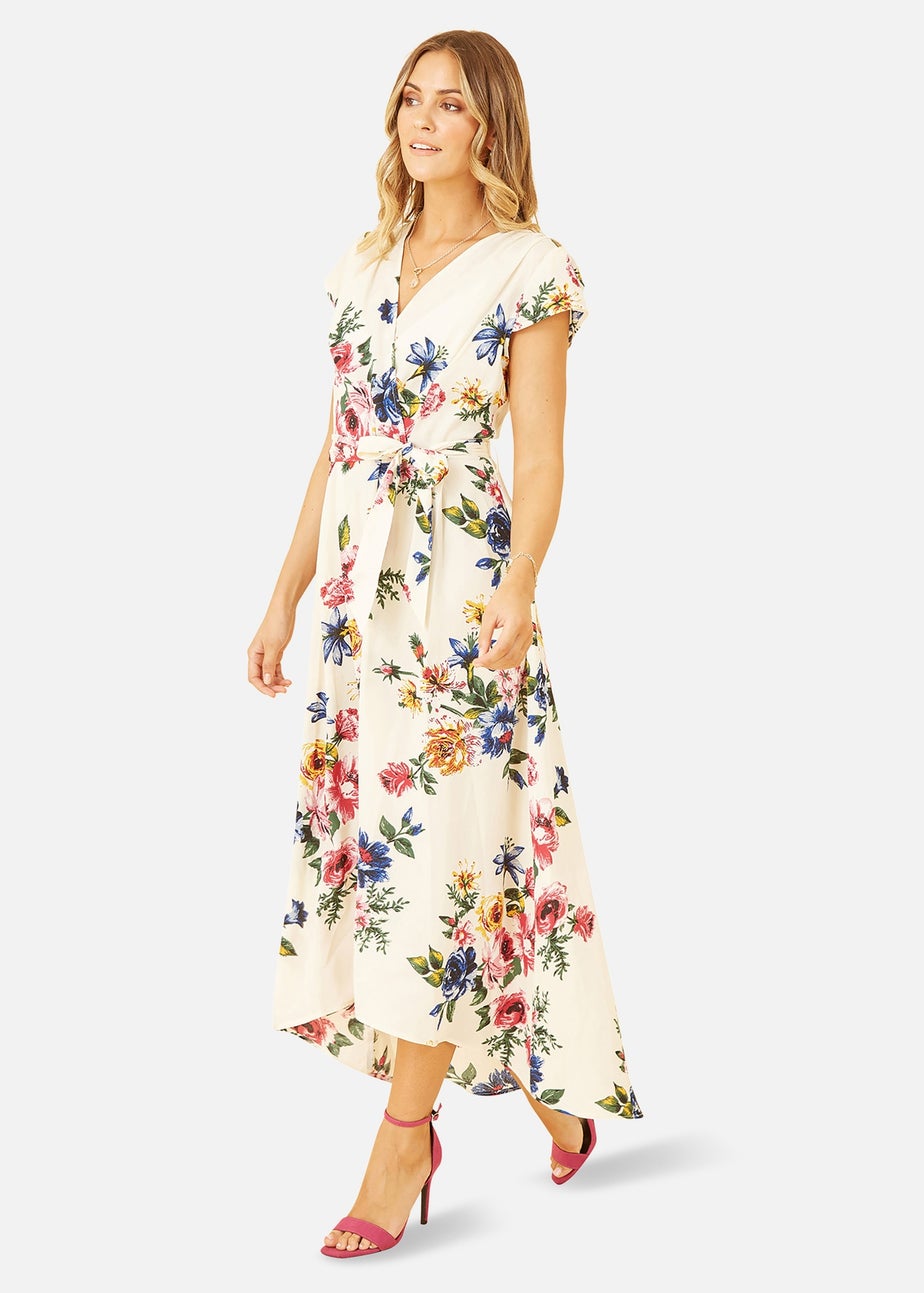 Yumi Ivory Floral Wrap Dip Hem Dress
