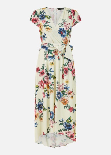 Yumi Ivory Floral Wrap Dip Hem Dress