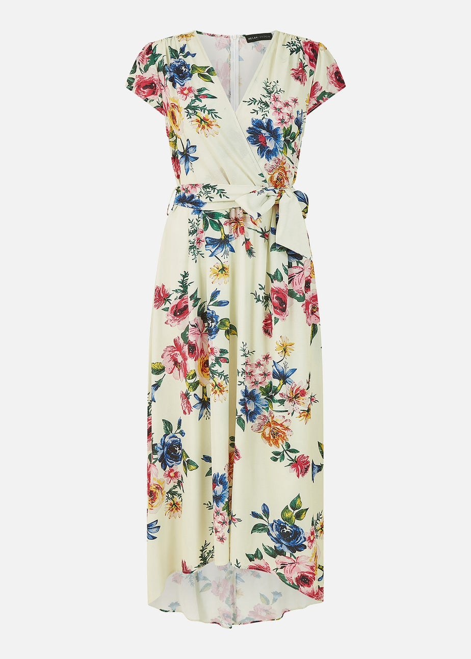 Yumi Ivory Floral Wrap Dip Hem Dress
