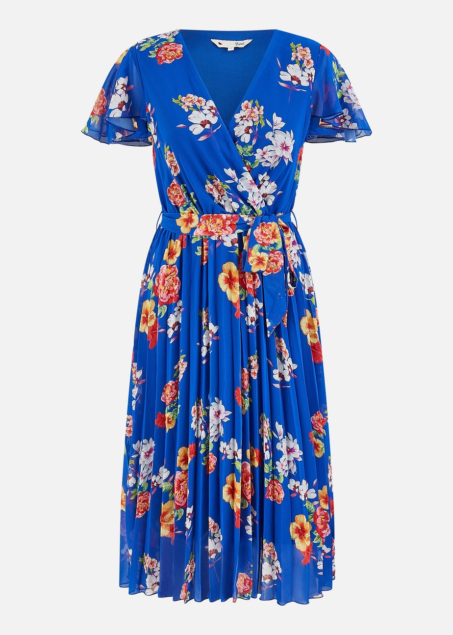 Yumi Blue Floral Pleated Wrap Dress