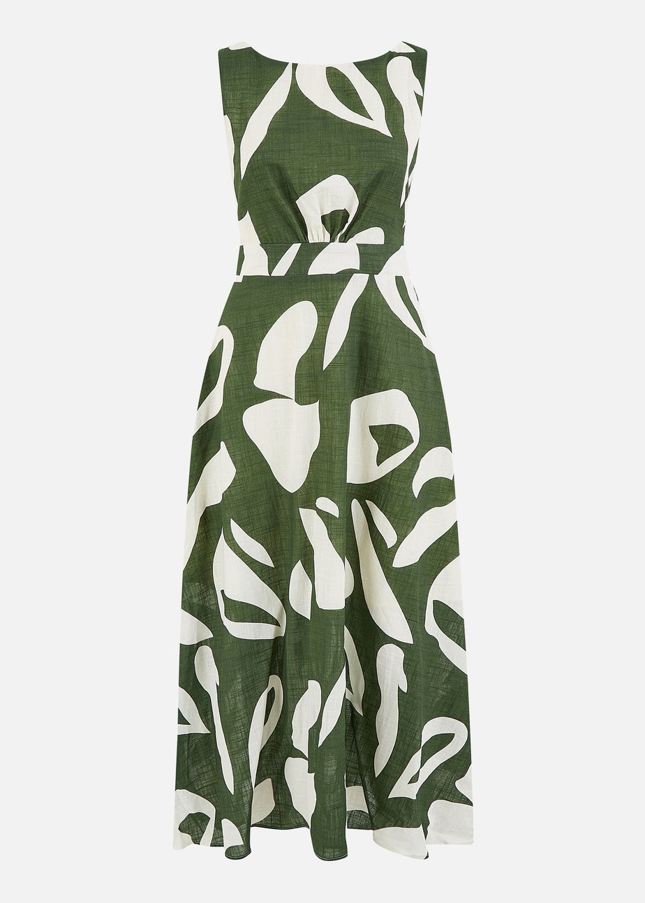 Yumi Green Cotton Abstract Print Maxi Dress With Tie Back