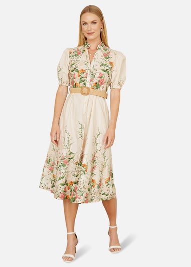 Yumi Ivory Cotton Printed Midi Floral Placement Shirt Dress