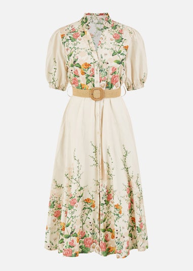 Yumi Ivory Cotton Printed Midi Floral Placement Shirt Dress