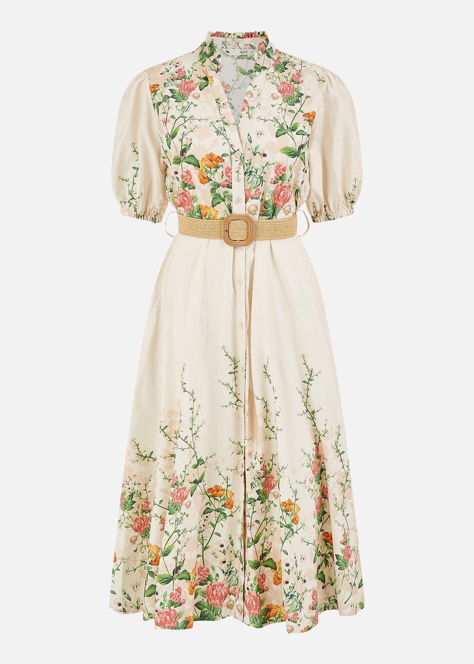 Yumi Ivory Cotton Printed Midi Floral Placement Shirt Dress