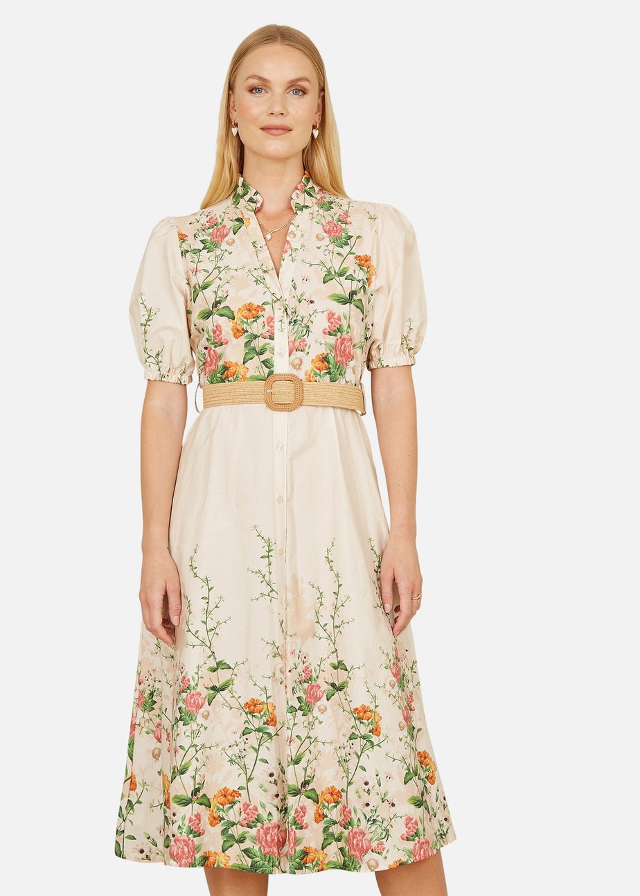 Yumi Ivory Cotton Printed Midi Floral Placement Shirt Dress