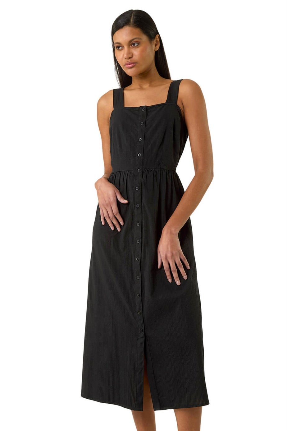 Roman Black Seersucker Button Midi Sundress