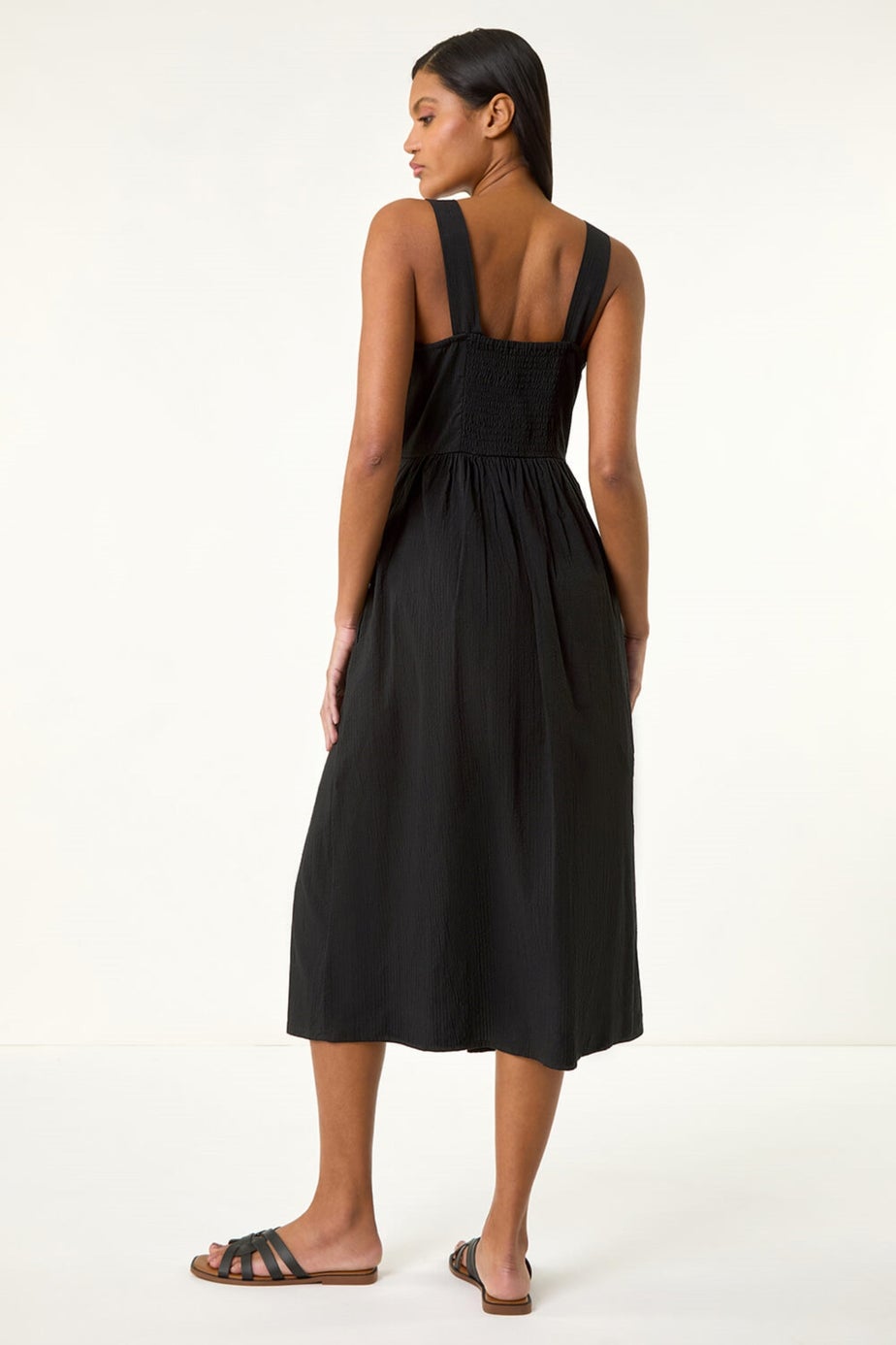 Roman Black Seersucker Button Midi Sundress