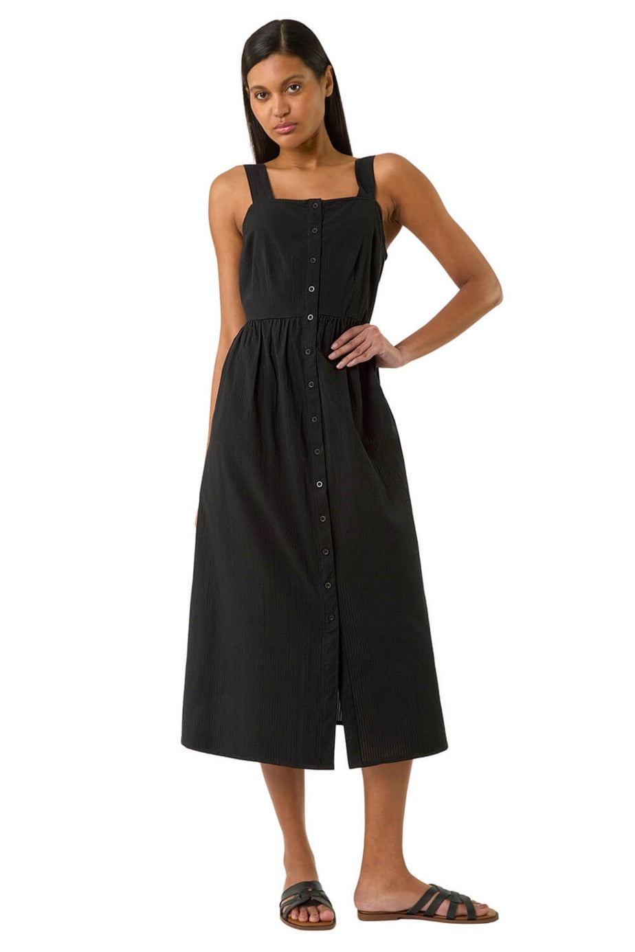 Roman Black Seersucker Button Midi Sundress