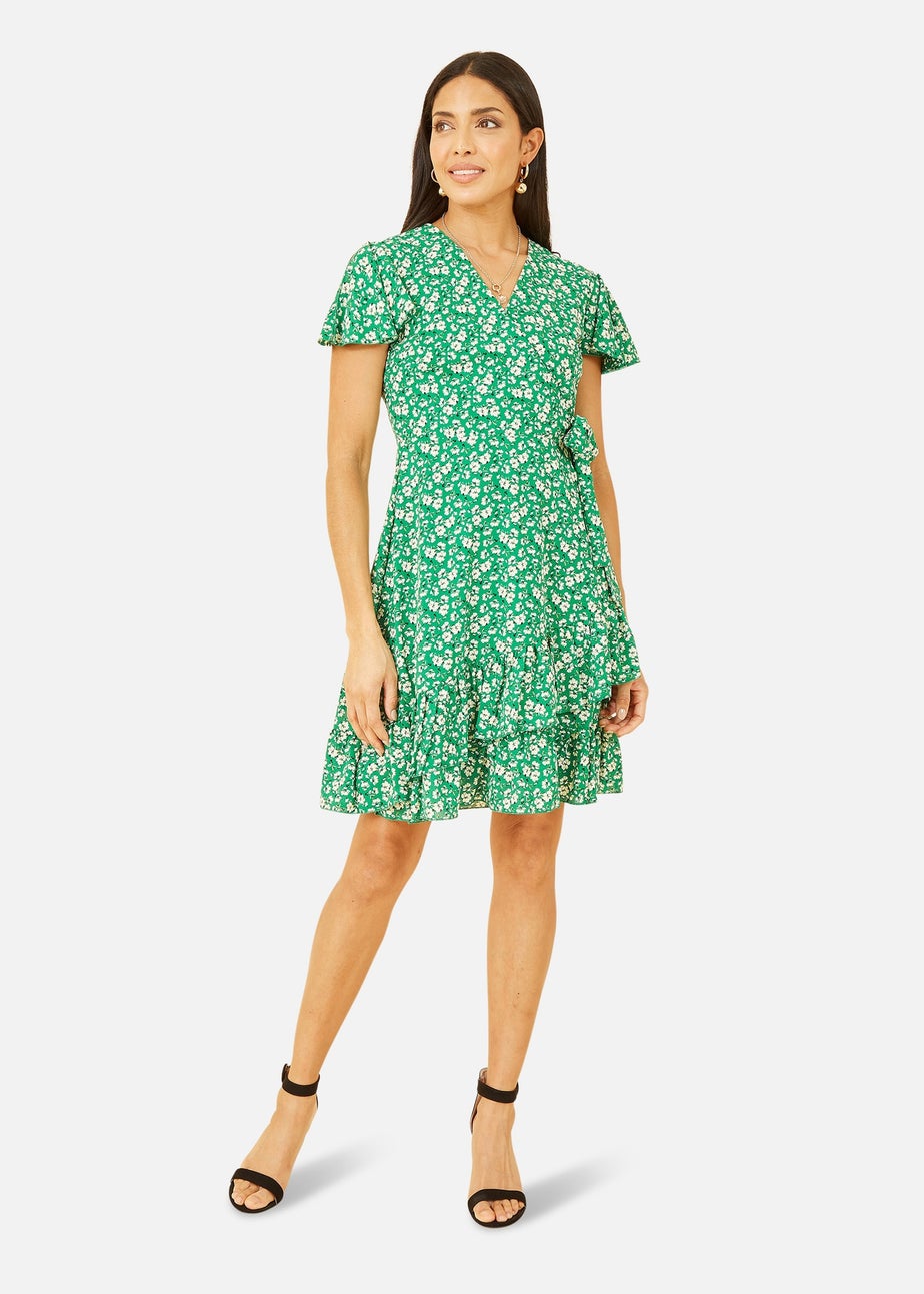 Yumi Green Ditsy Floral Wrap Frill Dress