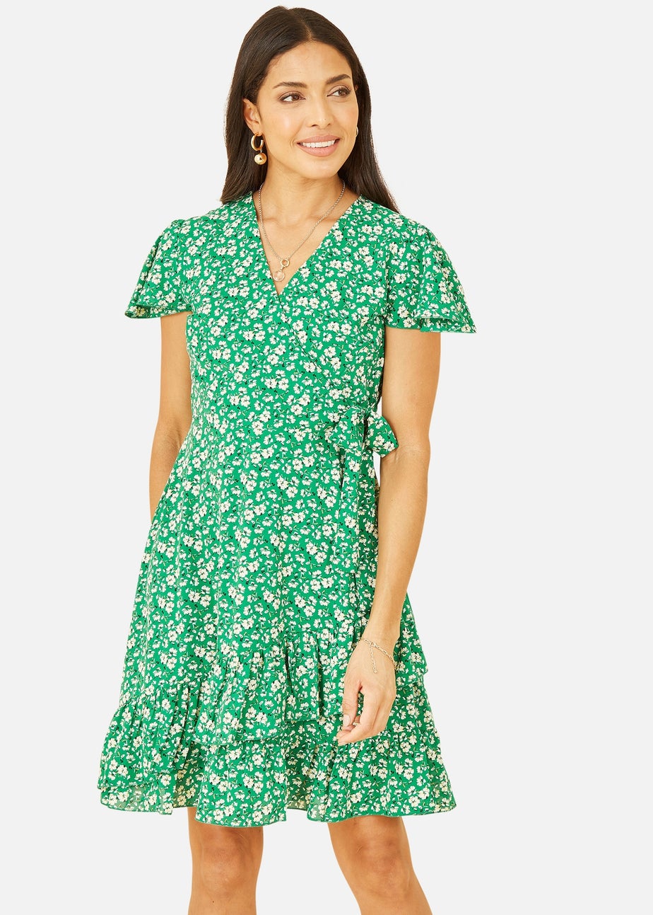 Yumi Green Ditsy Floral Wrap Frill Dress