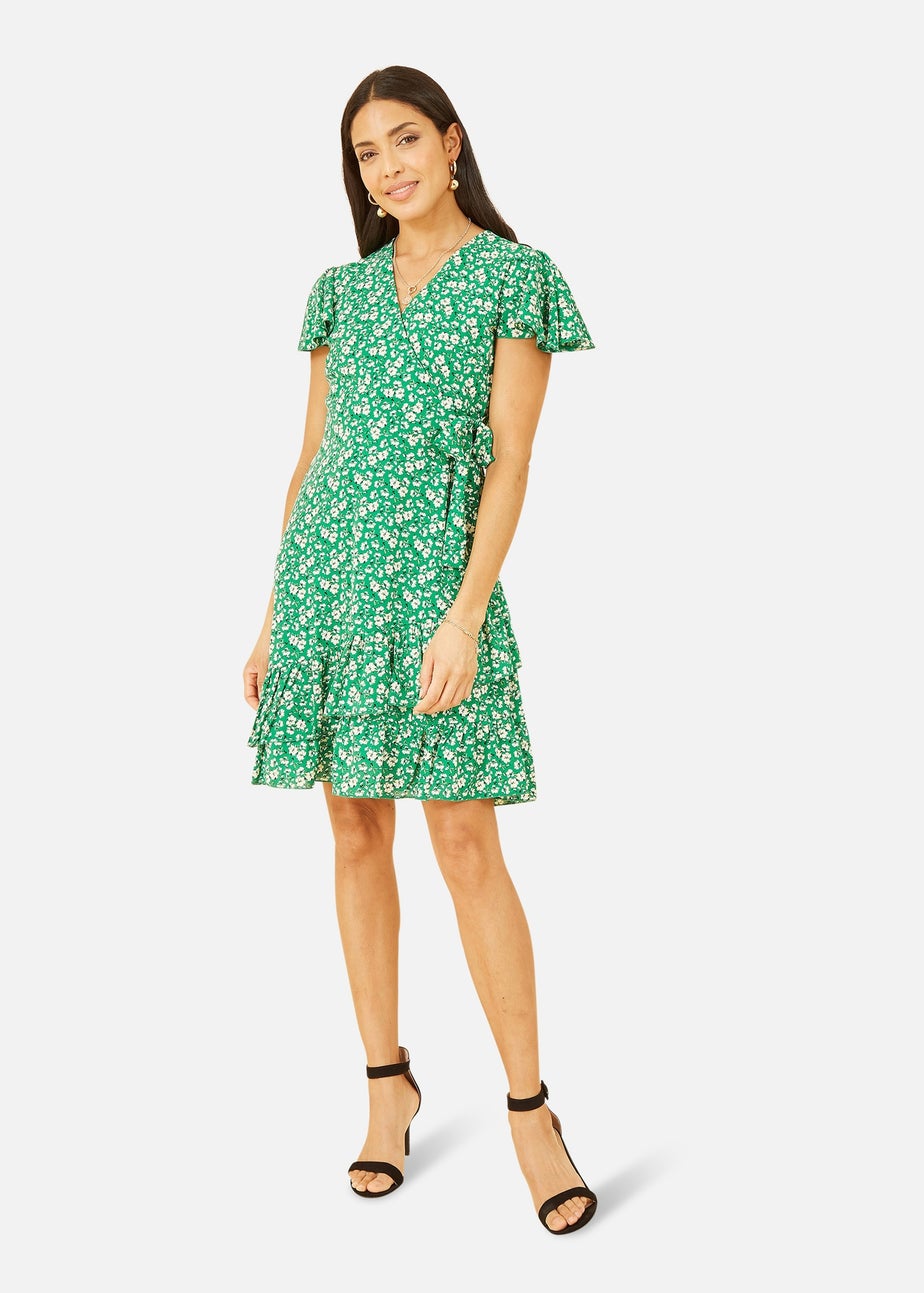 Yumi Green Ditsy Floral Wrap Frill Dress