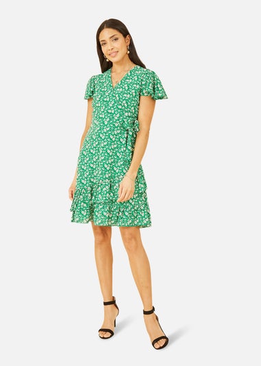 Yumi Green Ditsy Floral Wrap Frill Dress
